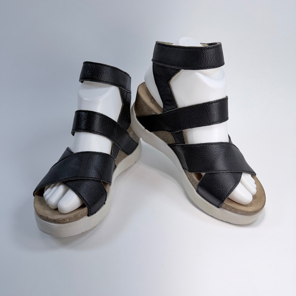 Fly London Black Wege669Fly Leather Wedge Hook & Loop Platform Sandals Womens 37
